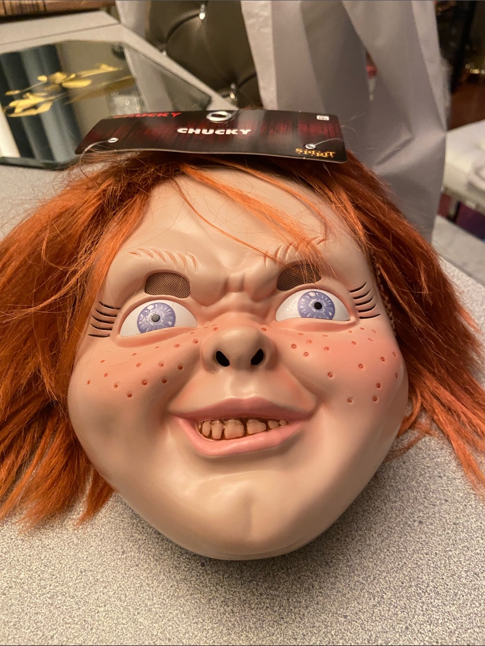 Spirit Chucky Mask with Bright Orange Hair and Pale Face - Picture 2 of 4